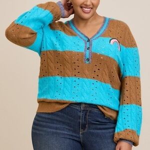 Torrid Vegan Cashmere Pullover Henley Sweater Blue Brown Stripe Cozy Soft